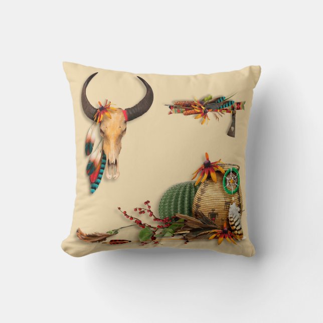 Southwest native american skull turquoise arrow throw pillow (Front)