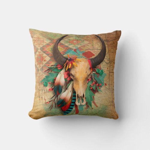 Southwest native american skull turquoise feathers throw pillow