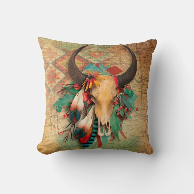 Southwest native american skull turquoise feathers throw pillow (Front)
