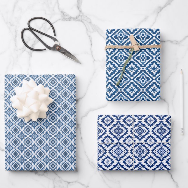 Southwest Navajo Blue-White Ethnic Geometric Wrapping Paper Sheets (Front)