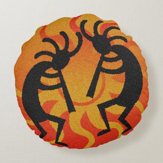 Southwest Orange Tribal Desert Sun Kokopelli Round Pillow (Back)