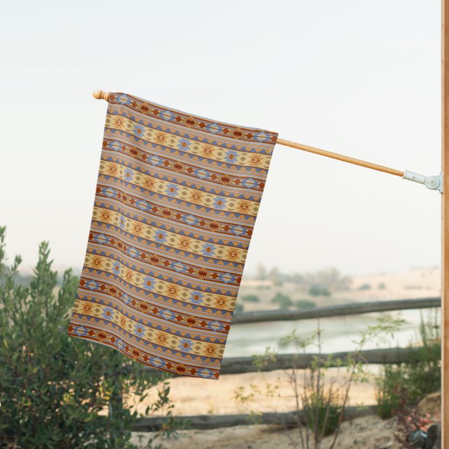 Southwest Pattern Design Rust Gray Gold House Flag (Insitu (Back))
