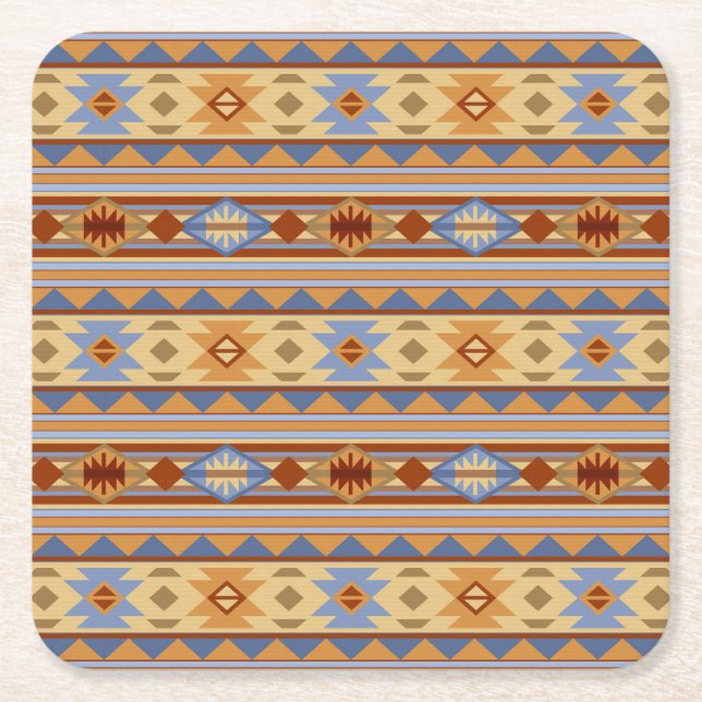 Southwest Pattern Design Rust Gray Gold Square Paper Coaster (Front)