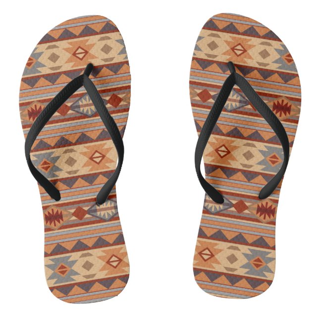 Southwest Pattern Design Tan Flip Flops (Footbed)