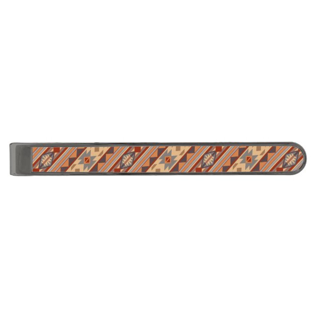 Southwest Pattern Design Tan Gunmetal Finish Tie Clip (Front)