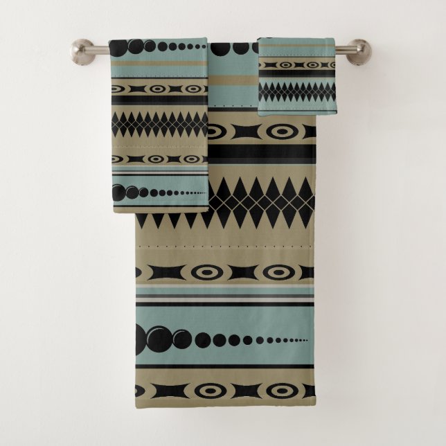 Southwest Pattern Taupe, Teal, Grey, Black Bath Towel Set (Insitu)
