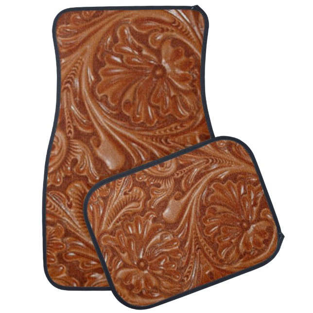 southwest pattern western country tooled leather car floor mat (Set)