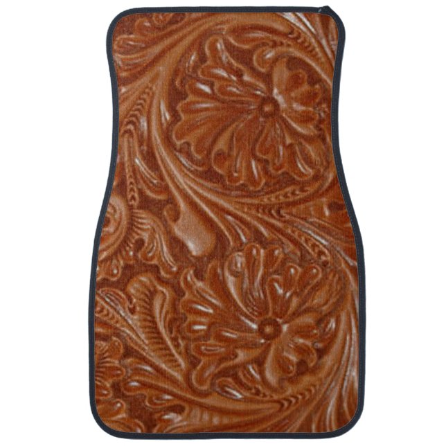 southwest pattern western country tooled leather car mat (Front)
