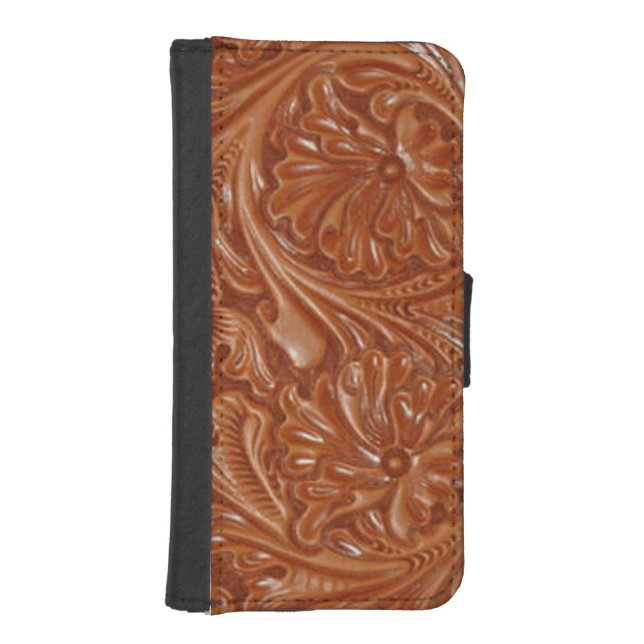 southwest pattern western country tooled leather iPhone wallet case (Front)