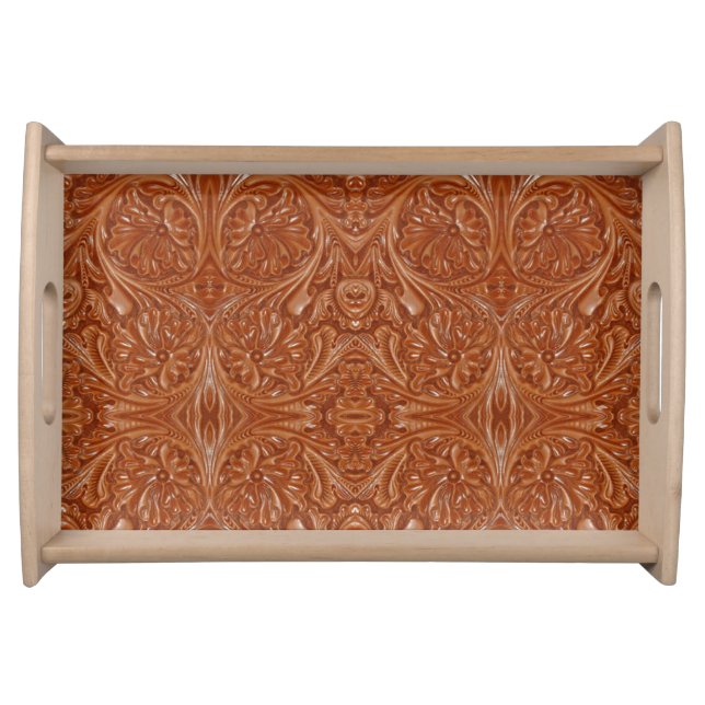 southwest pattern western country tooled leather serving tray (Front)