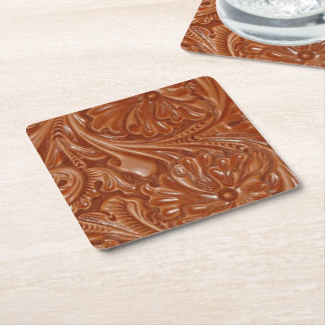 southwest pattern western country tooled leather square paper coaster (Angled)
