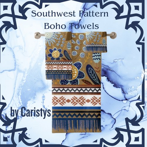 Southwest Patterns Boho Flowers Blues Gold Bath Towel Set