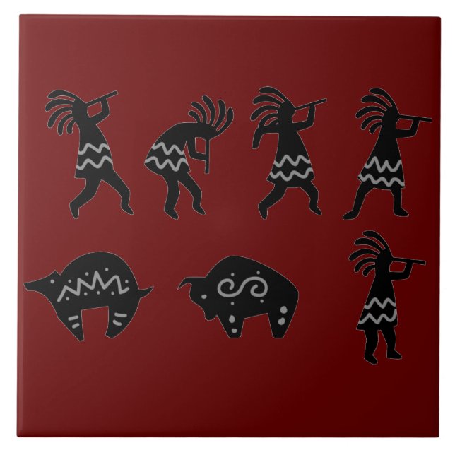 Southwest Petroglyh Dark Red Kokopelli  Ceramic Tile (Front)