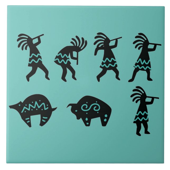 Southwest Petroglyh Turquoise Kokopelli Ceramic Tile (Front)