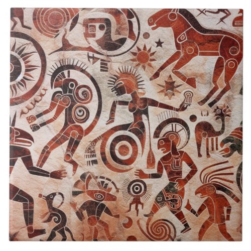 Southwest Petroglyph Design  Animals and Dancers Ceramic Tile