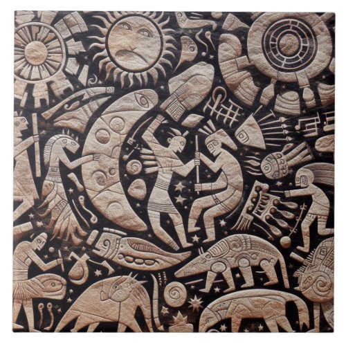 Southwest Petroglyph Design Animals Moon Dancing  Ceramic Tile