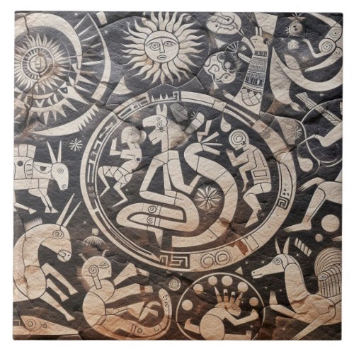 Southwest Petroglyph Design Animals Moon Dancing  Ceramic Tile