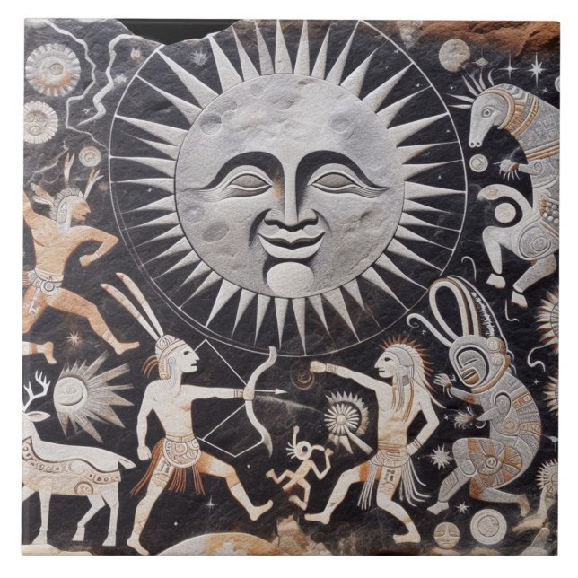 Southwest Petroglyph Design Animals Moon Dancing  Ceramic Tile (Front)