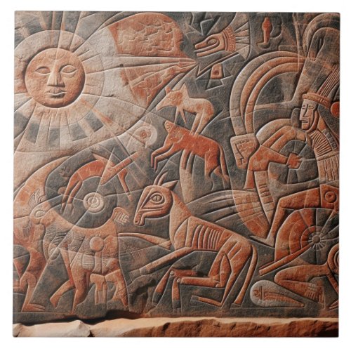 Southwest Petroglyph Design Animals Moon Dancing  Ceramic Tile