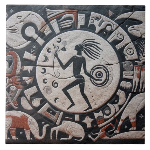 Southwest Petroglyph Design Animals Moon Dancing  Ceramic Tile