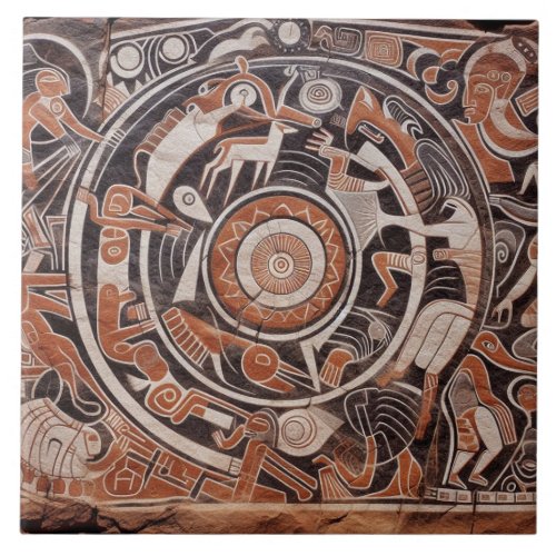 Southwest Petroglyph Design Animals Moon Dancing  Ceramic Tile