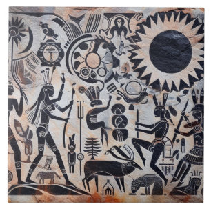 Southwest Petroglyph Design Animals Moon Dancing  Ceramic Tile