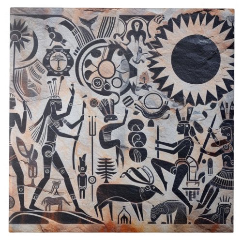 Southwest Petroglyph Design Animals Moon Dancing  Ceramic Tile