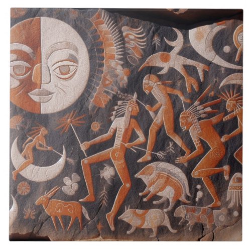 Southwest Petroglyph Design Animals Moon Dancing  Ceramic Tile