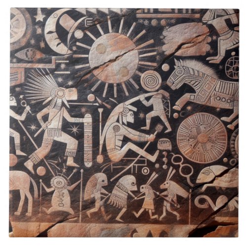 Southwest Petroglyph Design Animals Moon Dancing  Ceramic Tile