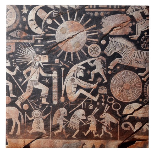 Southwest Petroglyph Design Animals Moon Dancing  Ceramic Tile (Front)