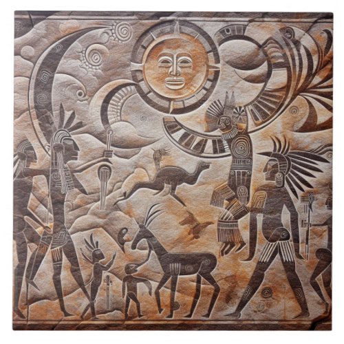 Southwest Petroglyph Design with Sun and Moon Ceramic Tile