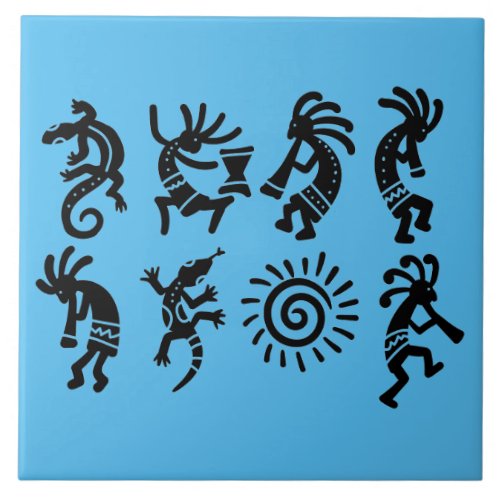 Southwest Petroglyph Kokepelli Blue  Ceramic Tile
