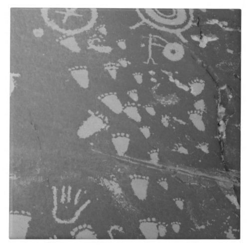 Southwest Petroglyph Native American Footprints BW Ceramic Tile