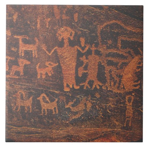 Southwest Petroglyph Orange and Brown Ceramic Tile