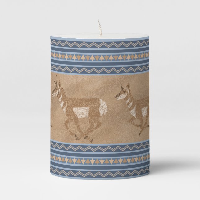 Southwest Pronghorn Antelope Blue Border Small Pillar Candle (Front)