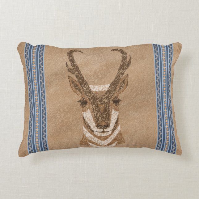 Southwest Pronghorn Antelope Face Blue Border Accent Pillow (Front)