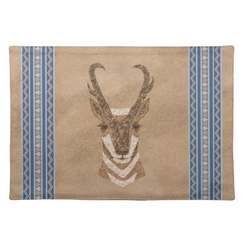 Southwest Pronghorn Antelope Face Blue Border Cloth Placemat