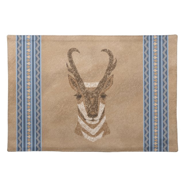 Southwest Pronghorn Antelope Face Blue Border Cloth Placemat (Front)