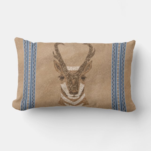 Southwest Pronghorn Antelope Face Blue Border Lumbar Pillow (Front)