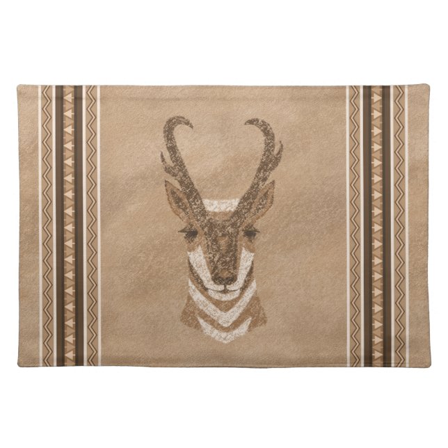 Southwest Pronghorn Antelope Face Brown Border Cloth Placemat (Front)