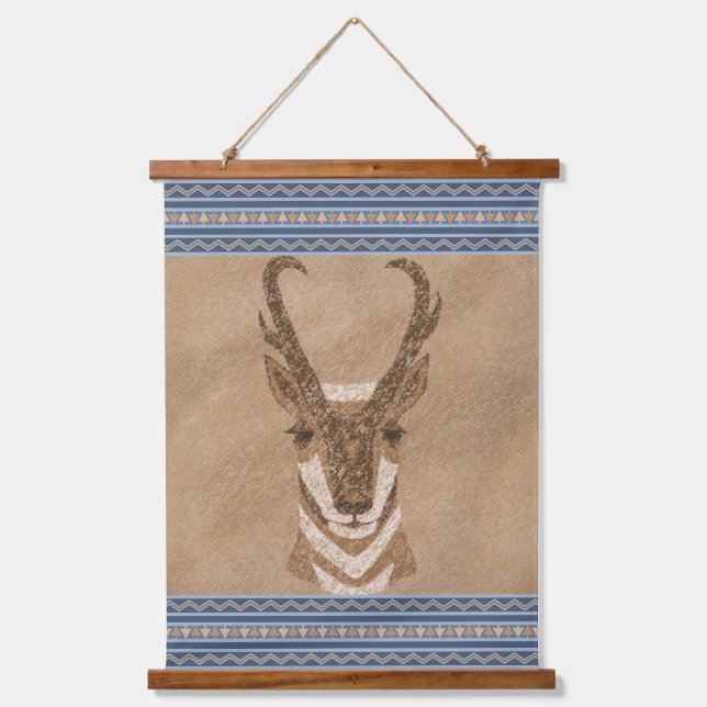 Southwest Pronghorn Antelope Head Blue Borders Hanging Tapestry (Front)