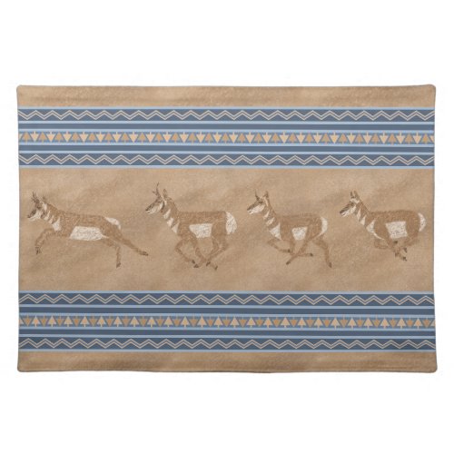 Southwest Pronghorn Antelope Herd Blue Border Cloth Placemat
