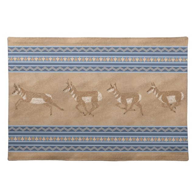 Southwest Pronghorn Antelope Herd Blue Border Cloth Placemat (Front)