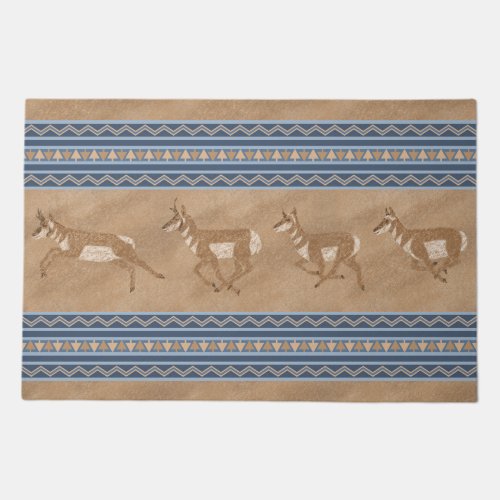 Southwest Pronghorn Antelope Herd Blue Border Doormat