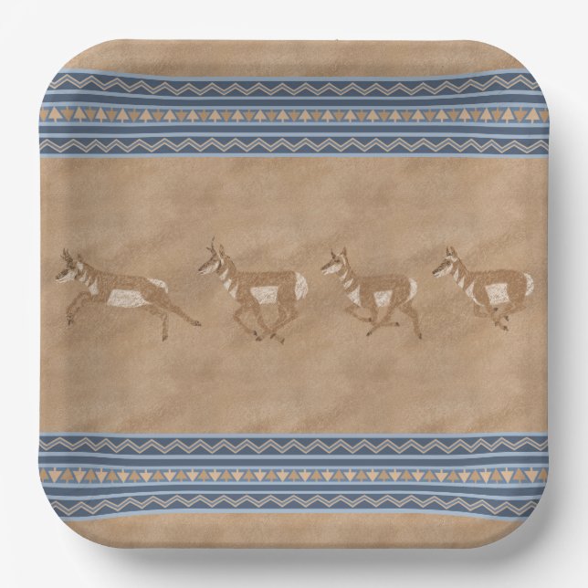 Southwest Pronghorn Antelope Herd Geometric Border Paper Plates (Front)