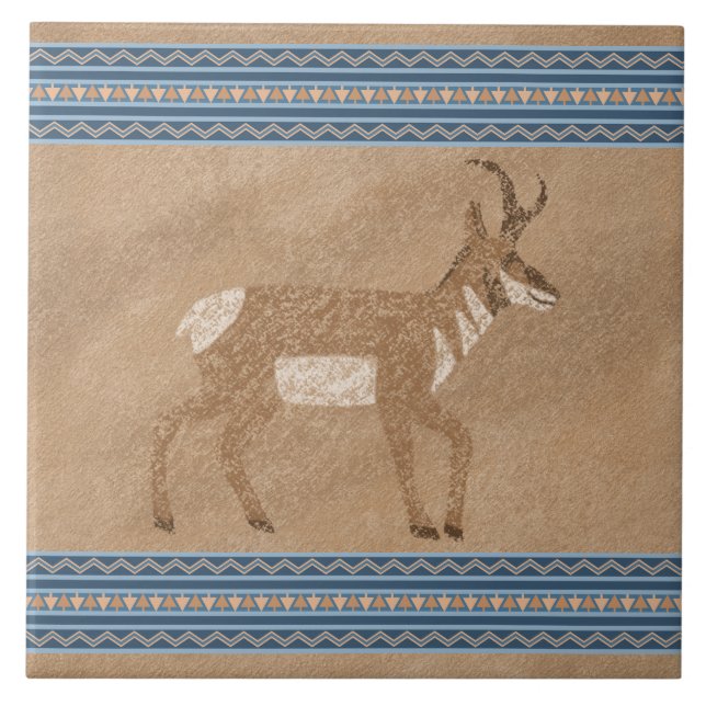 Southwest Pronghorn Antelope with Geometric Border Ceramic Tile (Front)