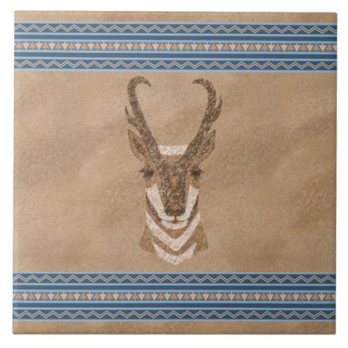 Southwest Pronghorn Antelope with Geometric Border Ceramic Tile