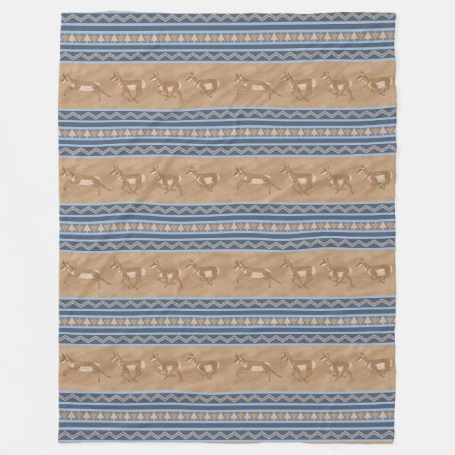 Southwest Pronghorn Antelopes Blue Border Large Fleece Blanket (Front)