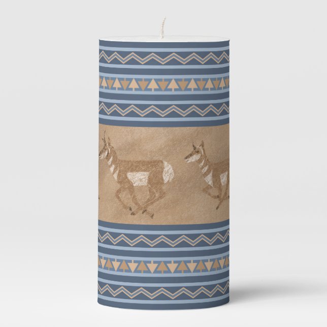 Southwest Pronghorn Antelopes Blue Border Medium Pillar Candle (Front)
