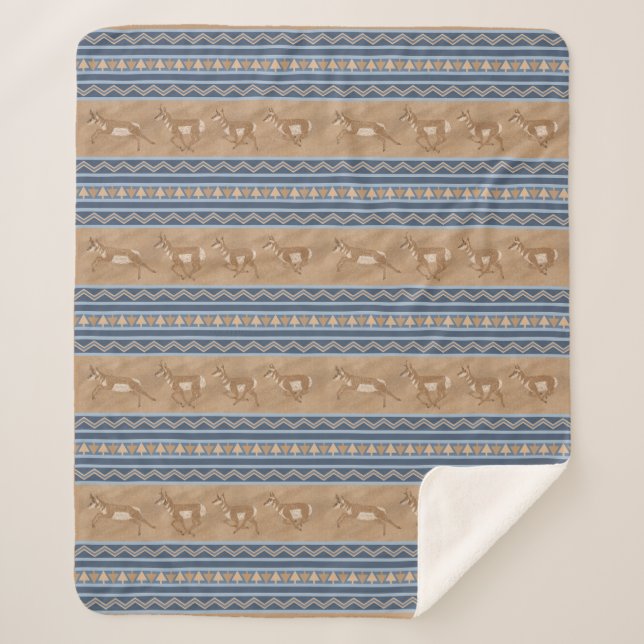 Southwest Pronghorn Antelopes Blue Border Medium Sherpa Blanket (Front)